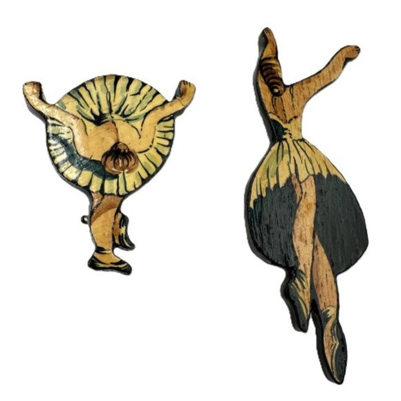Vintage Jewelry - Vintage Ballerina Dancer Ballet Brooch Pins Wood Hand Painted Set of 2